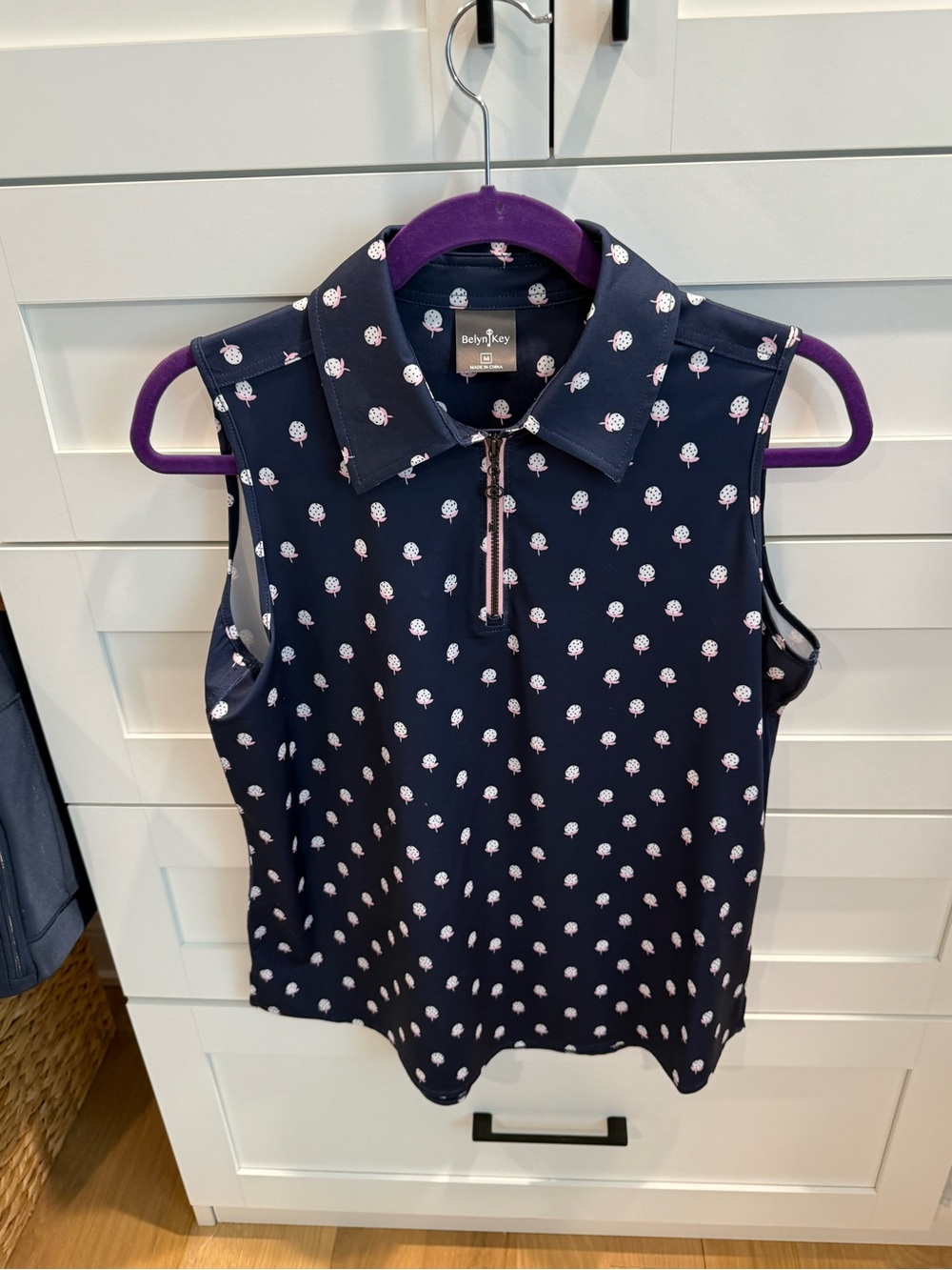 Belyn Key Navy Sleeveless Polo with Pink Dot Floral Print